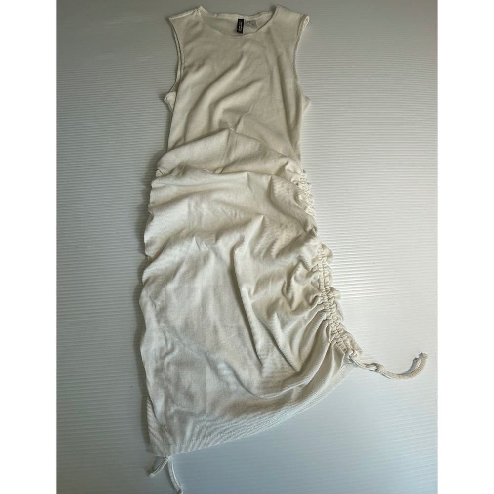H&M Divided Sleeveless Ribbed Dress Bodycon Ruched Drawstring Beige Small